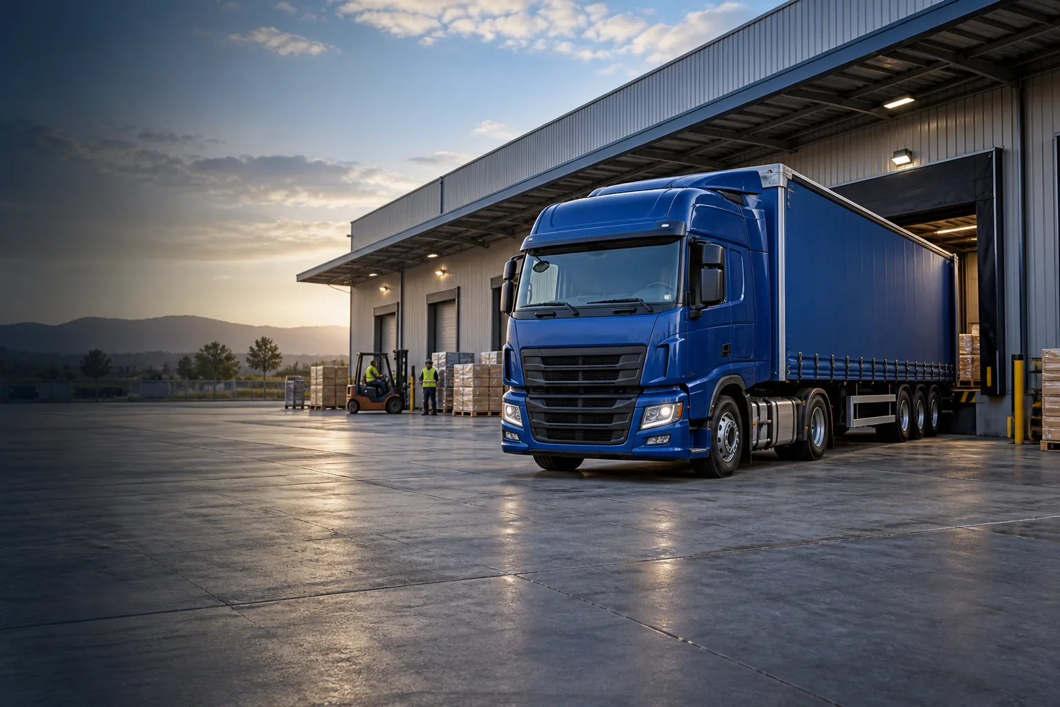 Blue NAVIS freight truck positioned at a professional warehouse loading dock