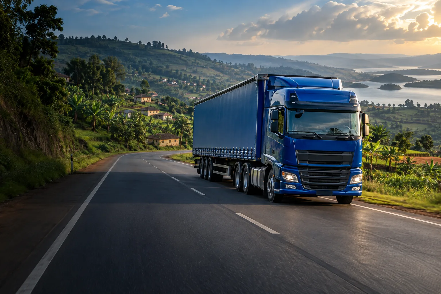 Blue NAVIS freight truck travelling through a realistic East African freight corridor