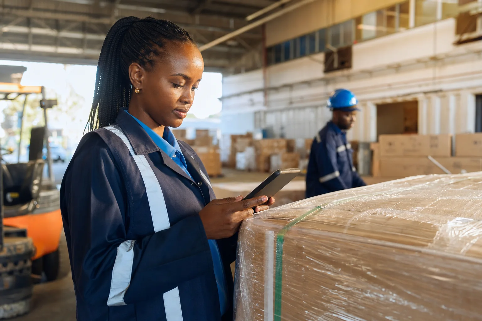 East African logistics professional reviewing a cargo movement